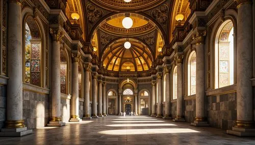 Intricate mosaics, golden domes, ornate archways, marble columns, Byzantine-inspired patterns, richly textured stone walls, vibrant glass tiles, intricate frescoes, ornamental capitals, lavish ornamen