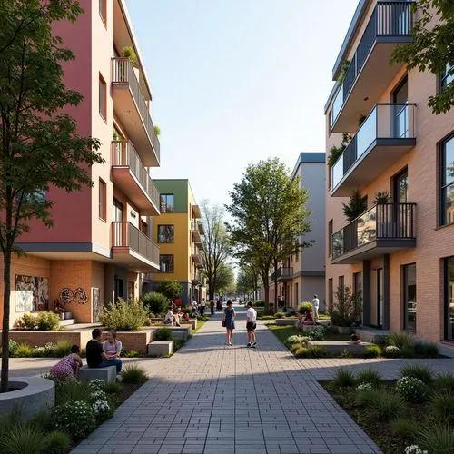 Vibrant community center, modern social housing, diverse cultural backgrounds, inclusive public spaces, accessible playgrounds, vibrant street art, urban gardens, eco-friendly landscaping, natural sto