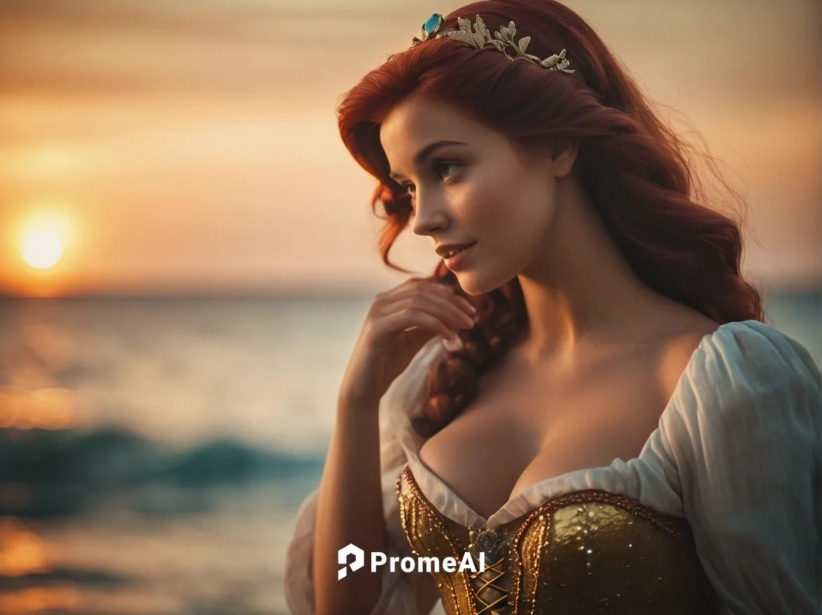 Tell the story of the Little Mermaid in an old-fashioned way,triss,megara,romantic portrait,the sea maid,amphitrite,ariel,fairest,princess anna,ariadne,fantasy picture,belle,fantasy woman,celtic woman