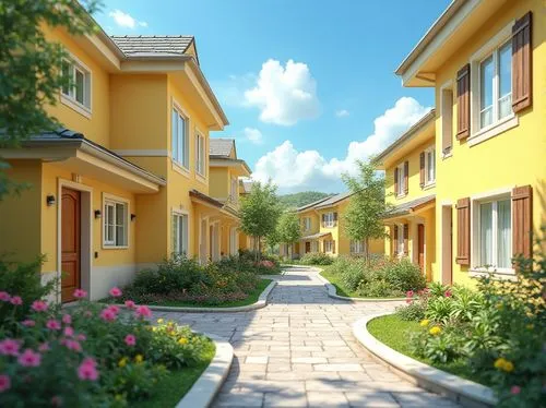 townhomes,townhouses,houses clipart,bungalows,suburbanized,subdivision,3d rendering,townhouse,row of houses,apartment complex,townhome,row houses,yellow garden,blocks of houses,boardinghouses,rowhouses,3d rendered,new housing development,suburbanization,aurora village,Photography,General,Realistic