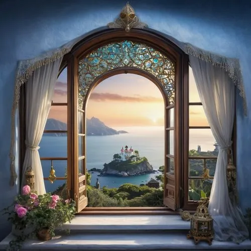 fantasy picture,window to the world,windows wallpaper,bay window,the window,fairy door,beleriand,fairy tale castle,greek island door,window with sea view,dreamhouse,qabalah,the little girl's room,isole,fairy tale,the door,alfheim,fantasy landscape,innkeepers,open door,Photography,General,Realistic