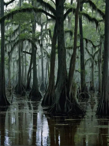 Create a poetic description of a swamp in the deep south.,bayou,swampy landscape,the ugly swamp,spanish moss,swamp,bayou la batre,alligator alley,palmetto coasts,row of trees,old-growth forest,ghost f