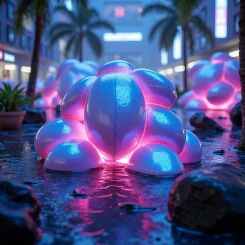 Iridescent blob-like structures, glowing neon lights, futuristic ambiance, vibrant electric blue, radiant hot pink, luminescent green, metallic silver accents, glossy reflective surfaces, smooth round