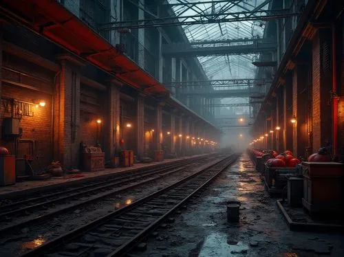 Industrial factory, red accents, steel beams, metal pipes, brick walls, rusty machinery, worn conveyor belts, dimly lit, warm lighting, red safety helmets, toolboxes, mechanical arms, welding sparks, 