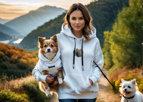 A woman wearing a white sweater,holding a dog wearing a white pet hoodie on a leash on a nature environment ,dog hiking,alaskan klee kai,pet vitamins & supplements,walking dogs,welsh corgi cardigan,do