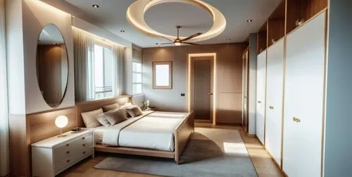 Bedroom with modern interior, decorative modern false ceiling, 4 door wardrobes opposite bed, wall art with lights and the door facing the camera leading into the bathroom and another next to the ward