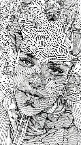 comic halftone woman,wireframe,wireframe graphics,distorted,cyborg,comic halftone,digiart,pen drawing,head woman,eyes line art,glitch art,mono line art,computer art,glitch,line face,ballpoint,cat line art,pointillism,crosshatch,comic style,Design Sketch,Design Sketch,None