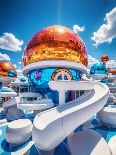 futuristic landscape,futuristic art museum,teacups,musical dome,arcology,skylands,roof domes,epcot ball,futuristic architecture,igloos,mushroom landscape,innoventions,imaginationland,planetariums,odomes,biosphere,fantasy city,imagineering,fantasy world,dreamlands,Illustration,Realistic Fantasy,Realistic Fantasy 38