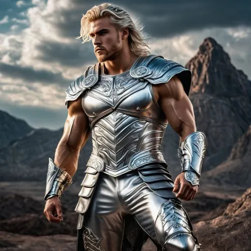 A son of Zeus as a full god, wearing silver armor vest, shiny silver pants, and silver metal boots, with powerful muscles, insanely handsome, and bleached hair 

,a son of Zeus who is a full god stand