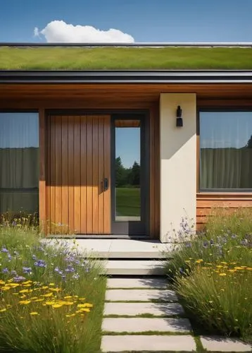 Prairie house, modern architecture, large windows, horizontal lines, low pitched roof, overhanging eaves, wooden exterior, cream colored walls, green roof tiles, simple door, rustic metal door handle,