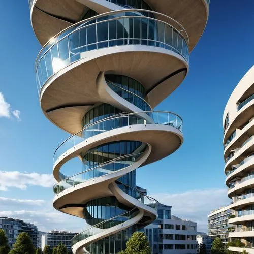 Visualize a building with a twisted or spiraling shape, reminiscent of a DNA helix.,futuristic architecture,helix,spiral staircase,modern architecture,residential tower,spiral stairs,arhitecture,dna h