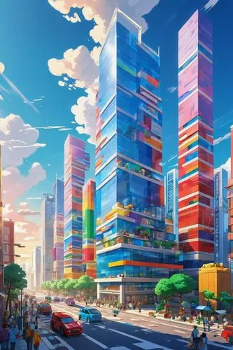 Colorful Lego bricks, modern architecture style, futuristic skyscraper building, sleek lines, geometric shapes, vibrant cityscape background, daytime scene, clear blue sky, few puffy white clouds, urb