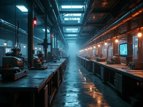 Futuristic workshop, neon lights, metallic surfaces, industrial pipes, cyberpunk atmosphere, robotic arms, 3D printers, holographic screens, sci-fi machinery, intricate wiring, copper details, steel b