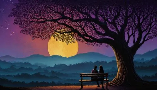 romantic scene,vintage couple silhouette,couple silhouette,silhouette art,romantic night,landscape background,Illustration,Abstract Fantasy,Abstract Fantasy 19