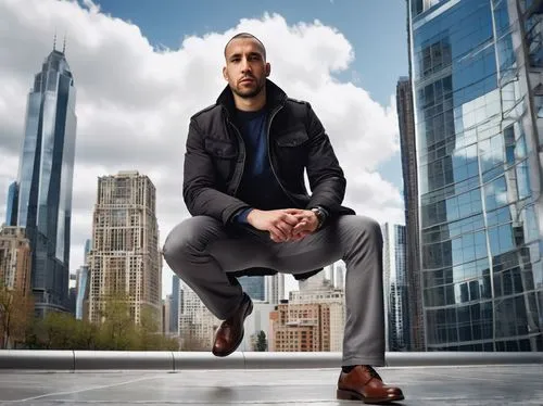 Professional photographer, male, 35yo, holding camera, standing, serious facial expression, wearing black jacket, gray pants, brown shoes, surrounded by modern skyscrapers, cityscape, urban landscape,