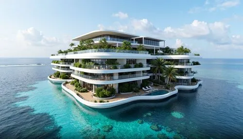 Envision a stunning three-story futuristic building that appears to float above crystalline waters, adorned with solar panels and color-changing walls that shimmer with the ocean's colors. Each level 