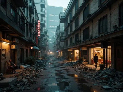 kowloon city,alleyway,narrow street,alley,destroyed city,post-apocalyptic landscape,post apocalyptic,sidestreet,kowloon,alleyways,blind alley,slums,world digital painting,dishonored,shimbashi,street canyon,apocalyptic,rescue alley,mongkok,the street