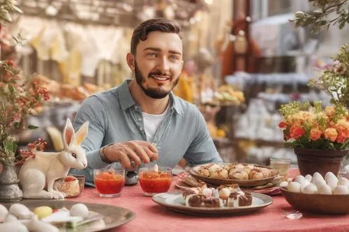 front view of a man, sitting at table, delicious Easter brunch, outdoor celebration, red tablecloth, wearing polo tee, casual brunch attire, colourful dishes of easter food, perfect food, small easter