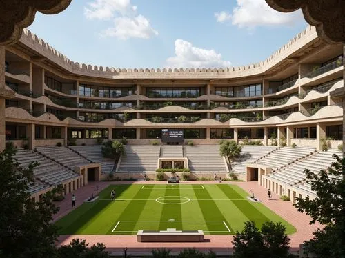 Rustic sports stadium, ancient Roman-inspired fa\u00e7ade, archaic columns, ornate carvings, vibrant green turf, athletic track, Olympic-sized pool, modern scoreboard, sleek metal bleachers, natural s