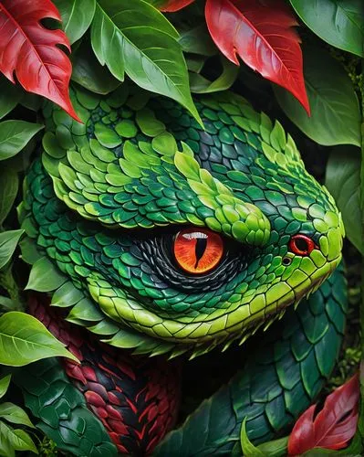 A vividly colored eyes snake with piercing eyes hides among lush green and red foliage, creating a striking contrast in nature. focus on eyes looking forward,green python,lagarto,chameleon abstract,ba