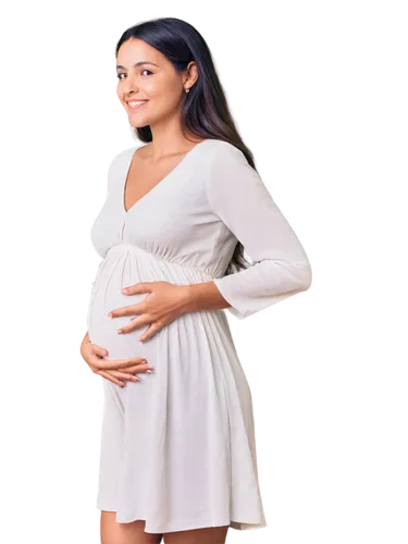 Pregnant woman, 7 months, belly prominent, gentle smile, soft hair, natural makeup, white maternity dress, empire waist, loose fit, flowy fabric, subtle stretch marks, tender hands cradling belly, sta