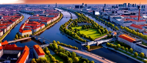 Berlin cityscape, world map, urban landscape, detailed buildings, roads, bridges, rivers, Spree River, Brandenburg Gate, Berlin Wall, modern skyscrapers, historic architecture, afternoon sun, warm lig