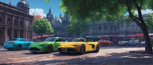 Bring your imagination to life with Adobe Dimension.,supercars,le mans,ruf ctr3,beetles,colorful city,city car,caterham 7,porsche cayman,volkswagen beetle,lemans,2cv,porsche,street scene,caterham 7 cs