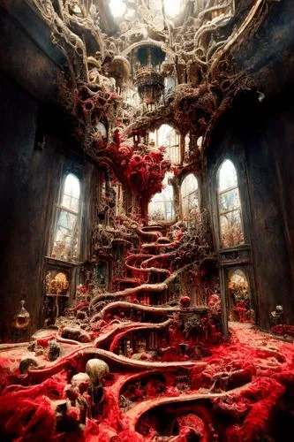 mandelbulb,ornate room,3d fantasy,hall of the fallen,fractal environment,fractals art,fantasy art,labyrinth,ossuaries,odditorium,ghost castle,abandoned room,lair,the throne,fantasy picture,witch's hou