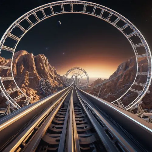 Outer space, Hyper-realistic image of a extreme Roller Coaster between the planets, connecting two space stations, ISS Space ferris wheel,an image of an amut park ride wheel,stemwinder,skycycle,centri