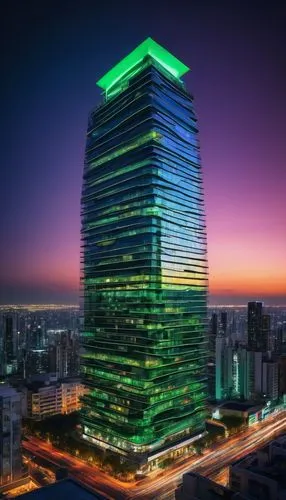 Futuristic skyscraper, modern architecture, sleek lines, metallic materials, glass façade, neon lights, cityscape, night view, 3/4 composition, low-angle shot, dramatic lighting, urban landscape, busy