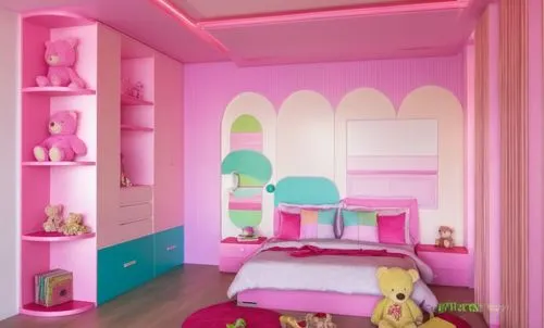 A colorful kids bedroom,bright room, happy pink,a pink girl bedroom decorated in all pink and pastel colors,kids room,the little girl's room,children's bedroom,baby room,children's room,nursery decora