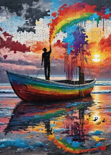 boat and flaming man  in the water,sunrise in the clouds, fading gray on the beach, rainbow, mosaic flaming colors, jigsaw puzzle, birds beauty smile black lips, cosmic spiral in the clouds, jigsaw pu