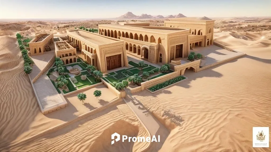 Create a highly realistic bird's eye view rendering of a luxurious resort in Siwa Oasis. Highlight the main entrance, lush landscaping, traditional architecture. Use soft lighting and include realisti