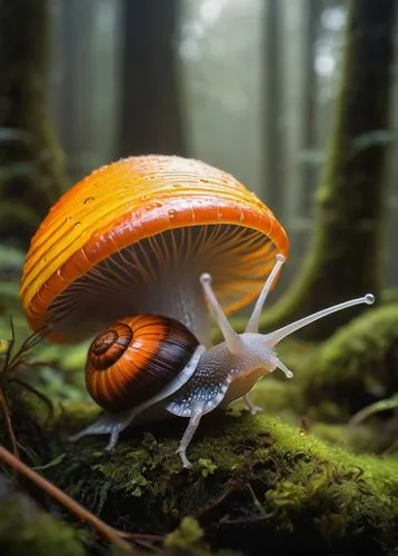 Cordyceps snail, fantasy creature, slimy trail, glowing mushroom cap, vibrant orange and yellow stripes, large round eyes, tiny horns, delicate shell, moss, forest floor, misty atmosphere, soft focus,