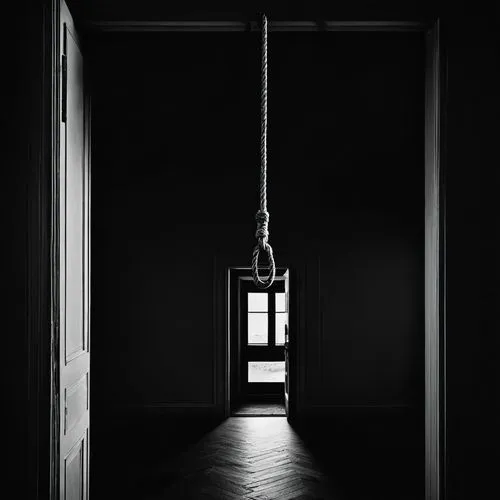 حبل مشنقة فى غرفة مظلمة وباب مفتوح,hanging light,hanging bulb,hanged,hanging lamp,hanging rope,nooses,hanging lantern,telephone hanging,empty swing,empty interior,noose,suspended,hung up,hanging chair