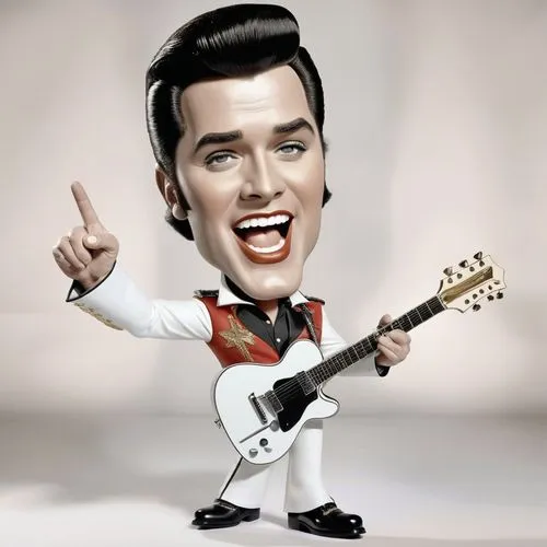 Caricature style drawing of a celebrity, big head, small body, exaggerated facial expressions. A 3D animated character resembling Elvis Presley, wearing a whiteA jumpsuit with red and gold accents, bl