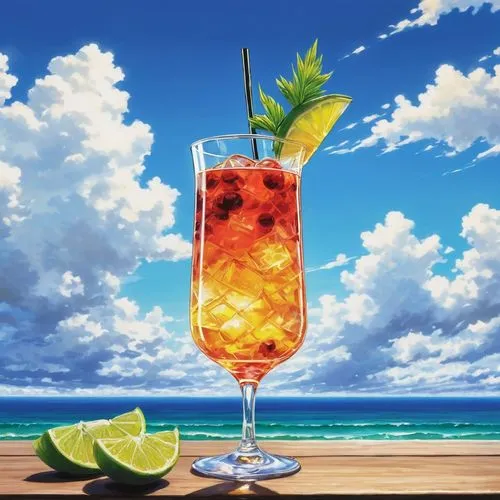 Cocktail World, No Man, Landscape, Summer, Sky, Clouds, Blurred Background, Masterpiece, Best Quality, Hyper Detail, --v6,fruitcocktail,long island iced tea,ice lemon tea,pimms,tropical drink,coctail,