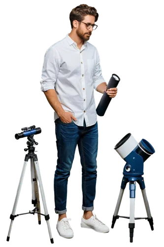 Astronomer, male, 30s, observing, telescope, starry night sky, messy brown hair, thick beard, glasses, white shirt, dark blue jeans, sneakers, standing, leaning forward, 3/4 composition, soft lighting