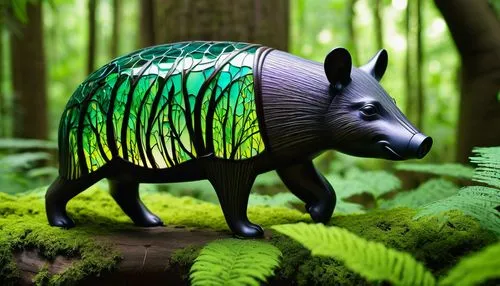 tiffany glass art tapir in bambo forest,a glass bear is standing in the woods,styracosaurus,babirusa,tapir,ankylosaurus,rhinoceros,uintatherium,ceratopsid,hippocrene,pachyrhinosaurus,forest animal,pig