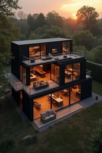 A modern black shipping container home, with a large open-concept living room, dining area, and kitchenette on the ground floor. The second story features a balcony, surrounded by a grassy yard. The s