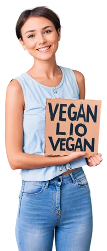 Vegan lady, solo, (25yo), clear skin, bright eyes, short brown hair, gentle smile, casual wear, denim jacket, white tank top, distressed jeans, sneakers, holding vegan sign, standing, natural pose, so