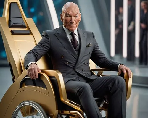 Sir Patrick Stewart as Charles Xavier (((he is dressed with an dark gray suit and he is sitting in a futuristic, gold-colored wheelchair.))), in an alternate Marvel Universe. The background is an UN r