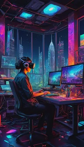 cyberpunk,cyber glasses,virtual world,cyber,cyberspace,vr,computer room,futuristic,virtual reality,virtual,oculus,working space,neon human resources,modern office,sci fiction illustration,man with a computer,futuristic landscape,scifi,world digital painting,virtual landscape,Photography,Documentary Photography,Documentary Photography 29