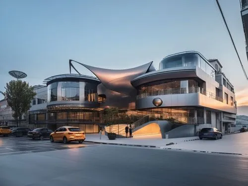 REMODELACION DE UNA PLAZA COMERCIAL, CON ARQUITECTURA NOVEDOSA,an artistic and unusual building with curved architecture,mercedes-benz museum,morphosis,futuristic architecture,futuristic art museum,cu