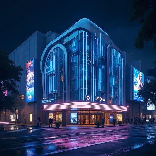 Glamorous cinema facade, high-tech futuristic style, gleaming metallic surfaces, neon lights, LED displays, angular lines, geometric patterns, dynamic curves, avant-garde architecture, sleek glass wal