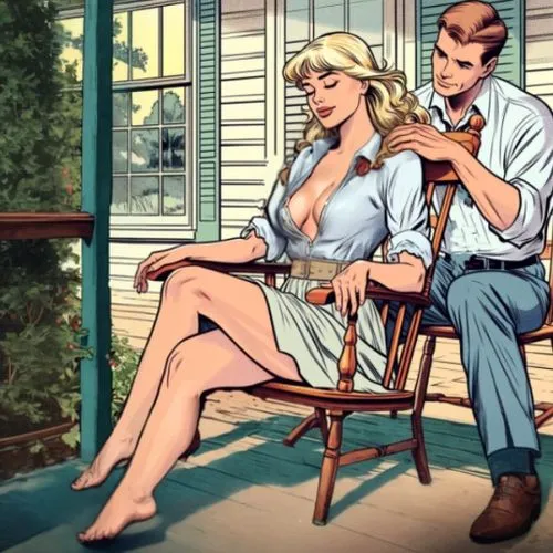 the right foot,a woman relaxes in the porch while her husband massages her shoulders,blonde on the chair,wertham,caniff,aparo,vintage man and woman,kanigher