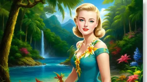 Romantic masterpiece oil painting, cute girl portrait, nostalgic 1950's style kitsch, vibrant rainforest landscape, lush tropical jungle paradise, summer beach cottage scenery, by Thomas Kinkade, by B