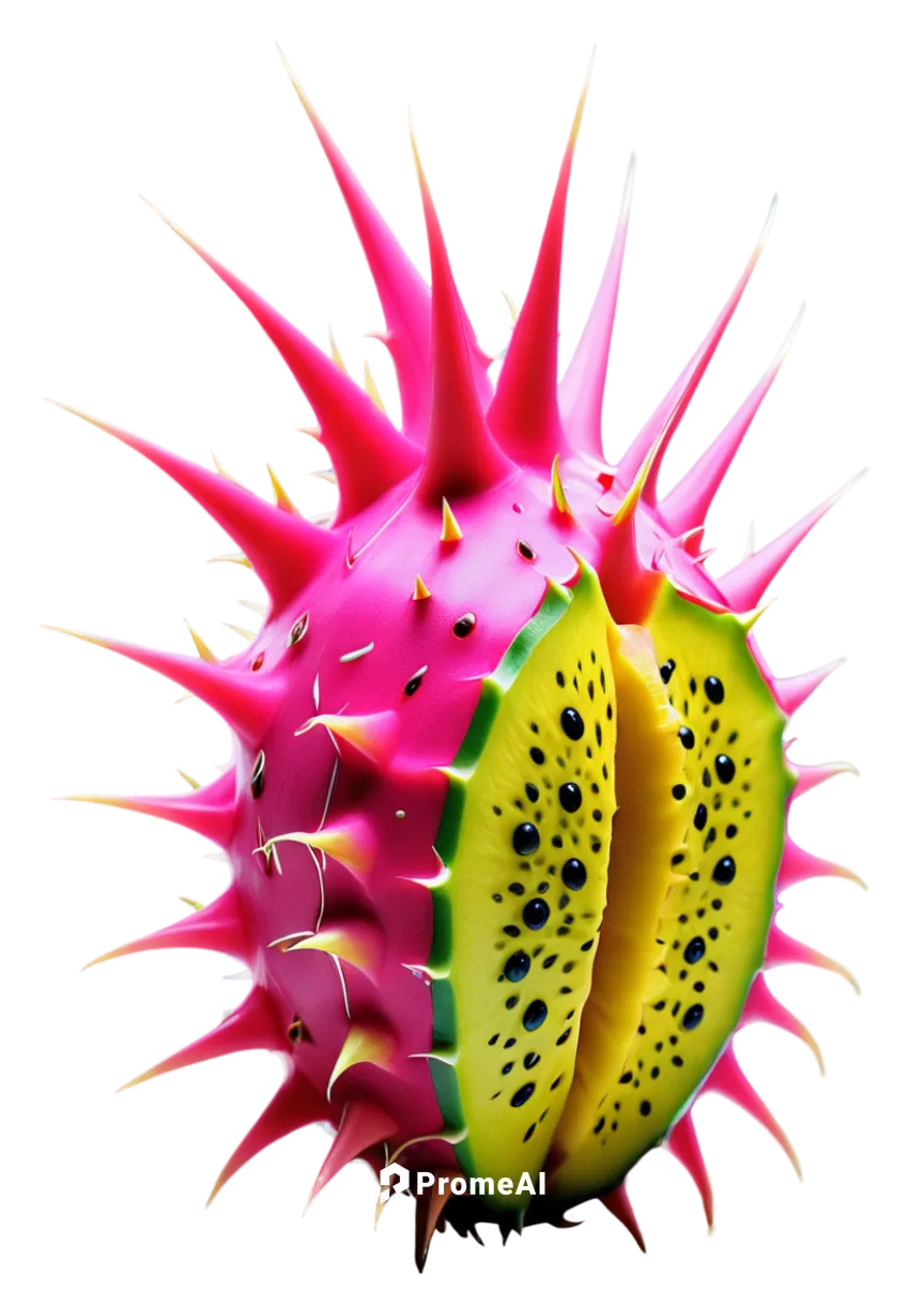 Animated, vibrant, pink dragon fruit, semi-translucent skin, green scales, yellow spikes, juicy flesh, shiny surface, round shape, solitary, 3/4 composition, close-up shot, softbox lighting, pastel co