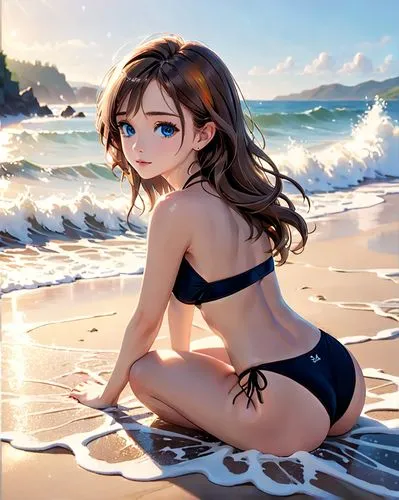 the camera captures a stunning scene of a caucasian girl, with brown hair, blue eyes, and black bikini. She sits in a beach, with the waves crashing against its surface. She gazes up at the camera, he