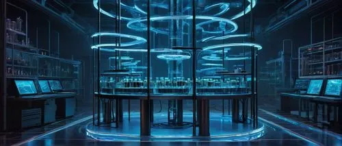 Gene architecture, futuristic laboratory, sleek metal framework, glowing blue DNA helix, intricate circuitry, neon lights, holographic projections, robotic arms, petri dishes, microscopes, test tubes,